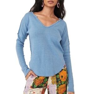 Free People Come & Get It Cotton Blend V-neck Top Blue Metal We the Free Small